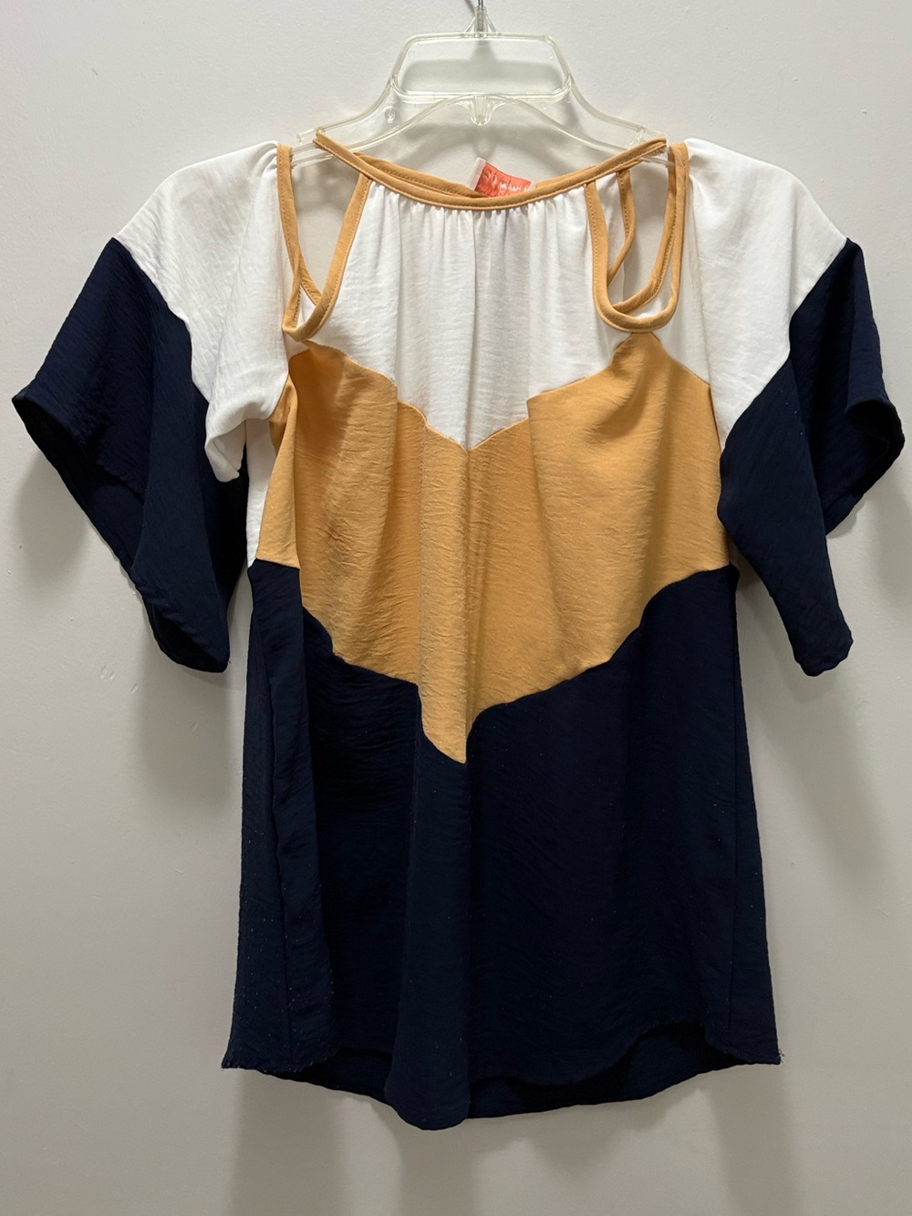 Colorblock Cold-Shoulder Tunic in Navy, White & Mustard